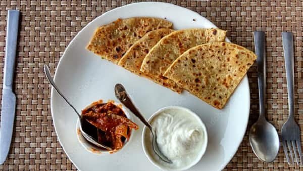 Stuffed Paratha with Pickle and Curd